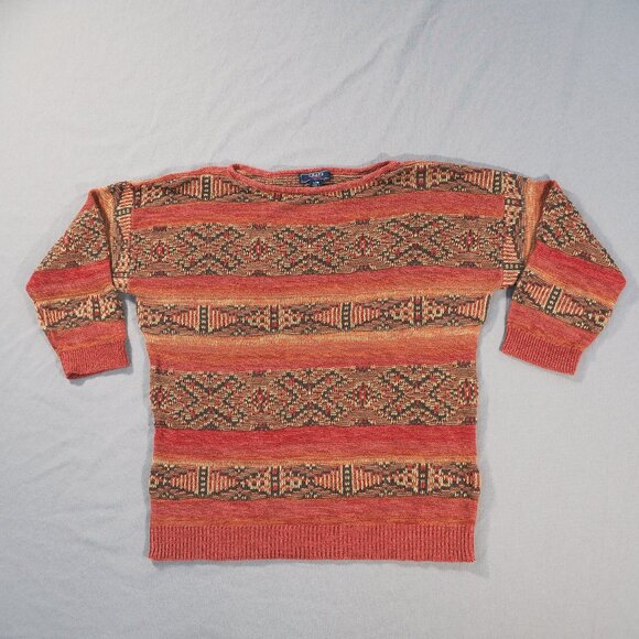 Chaps Denim Sweater Womens Large Rusty Orange Burgandy Red Southwest Aztec Boho - Picture 1 of 9